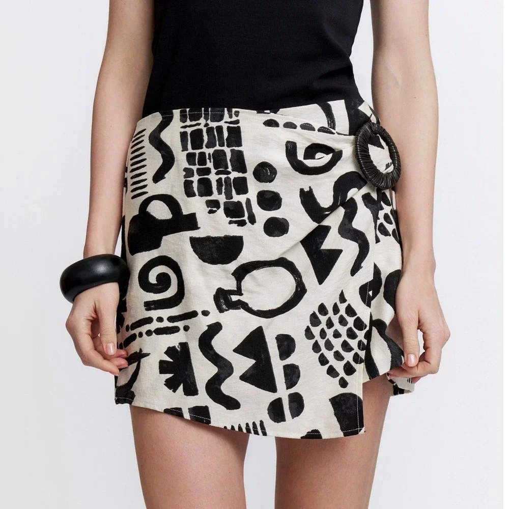Zara Abstract Wrap Mini Skort Linen Blend Italian European Summer Vacation L - Picture 1 of 8
